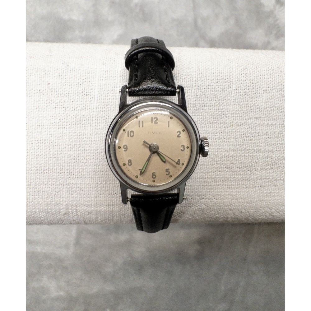 Vtg Timex Mechanical 22mm Watch Pink Dial Green Hands Black Leather Strap